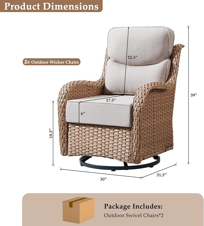 Luxury Outdoor Swivel Rocker Patio Chairs Set of 2 with 6-Inch Thick Cushions, High Back Swivel Patio Chairs Wicker Outdoor Gliders for Porch, Yard, Deck, Poolside, Yellow/Beige