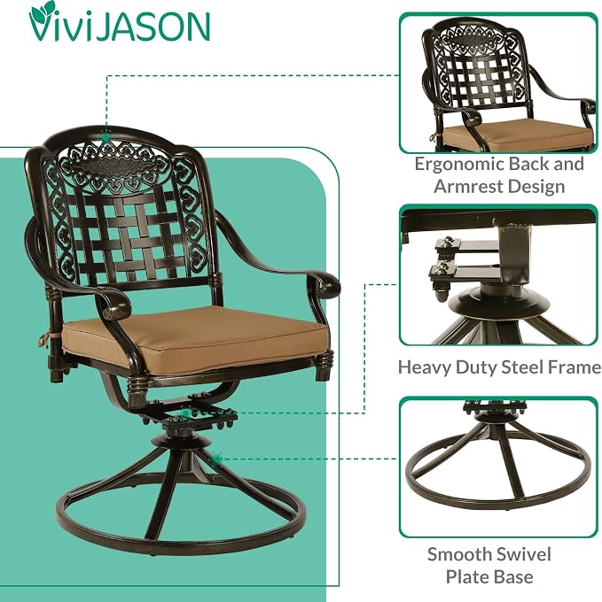 VIVIJASON 9-Piece Outdoor Dining Set, Cast Aluminum Patio Table & Chair Furniture Set for 8, Include 94.5" Rectangular Table, 2 Swivel Rocker Chairs, 6 Stationary Chairs, Umbrella Hole, Khaki Cushion