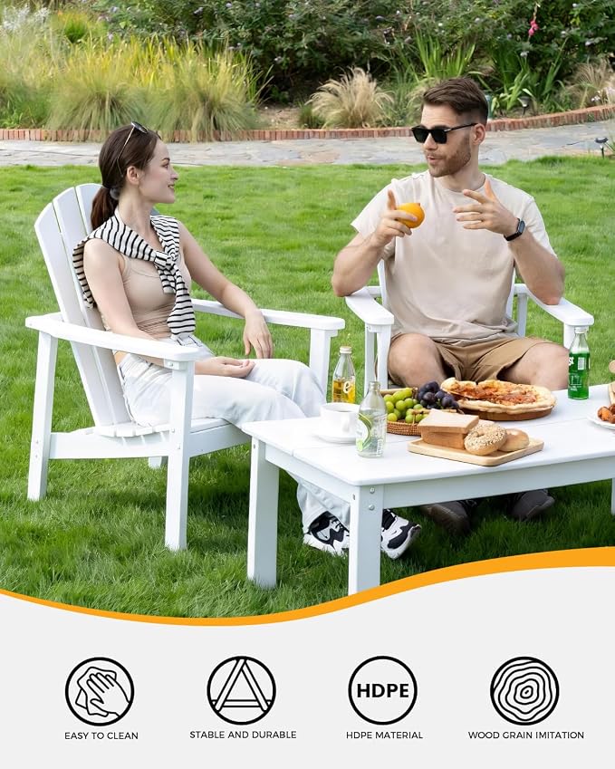 nevilywood Compact Stackable Adirondack Chairs Set of 2,HDPE,380lbs,White | 26.3" Wide HDPE.All-Weather Outdoor.Maintenance-Free.Stackable for Storage.25°Curved Straight Backrest.Quick Assembly
