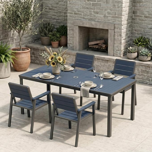 Outdoor Dining Set with Aluminum Frame for 4,Navy | HDPE table, chairs included, 2" umbrella hole, weather-resistant furniture, ideal for backyard, deck, porch, garden, poolside