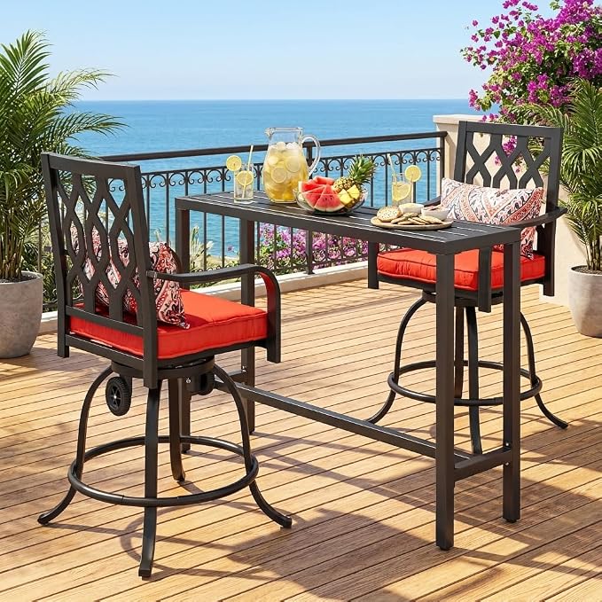 YITAHOME Metal Outdoor Patio Bar Table, 55" Tall Bar Height Table with Wheels, Narrow Rectangle Console Table for Balcony Garden Poolside, Black