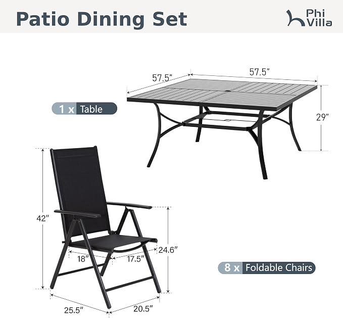 PHI VILLA Outdoor Dining Set for 8 w/Square Table & Folding Chairs, Black | Light-weight & space-saving, Breathable & quick-drying, Metal Table, Umbrella Hole, Weather-Resistant, Adjustable, Patio deck