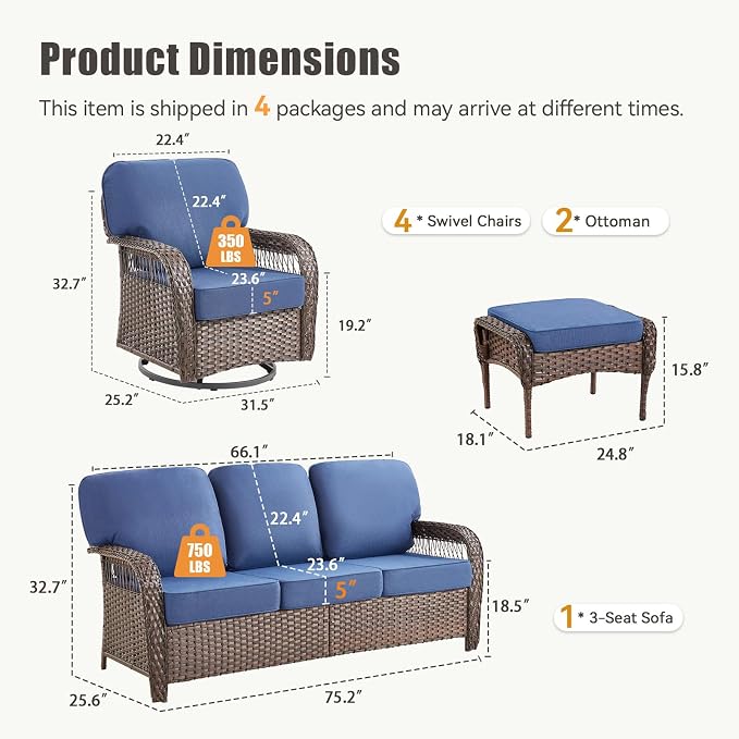 7 PCS Patio Furniture Set Outdoor Sectional Sofa Couch with Rocking Swivel Chairs 5" Deep Seat Chairs, Modern Wicker Rattan Conversation Set, Blue/Brown Wicker