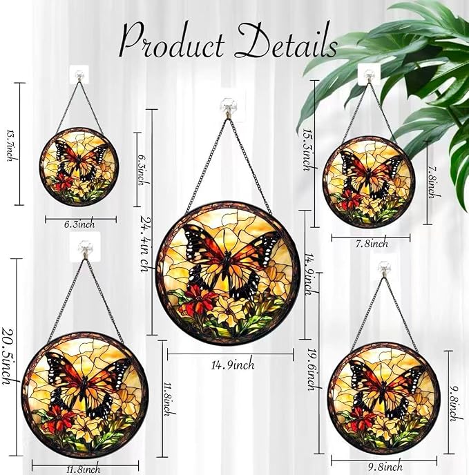 Stained Glass Window Hanging - Butterfly Red Flowers Yellow Flowers 6.3 Inches Suncatcher for Garden Home Decor for Women Mom Grandma Friends