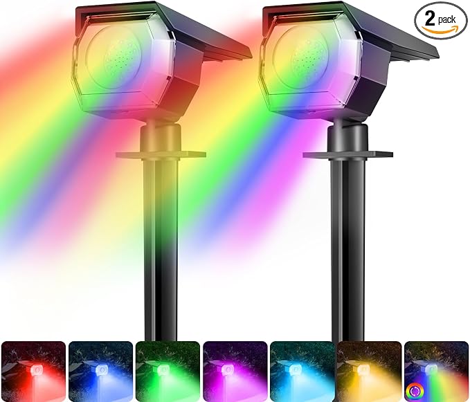 Solar Spot Lights Outdoor Color Changing, Halloween RGB Spotlights | 2 Pack/7 Modes, Waterproof, Solar Powered, Landscaping, Lighting for Outside Pathway Yard Wall Garden Walkway