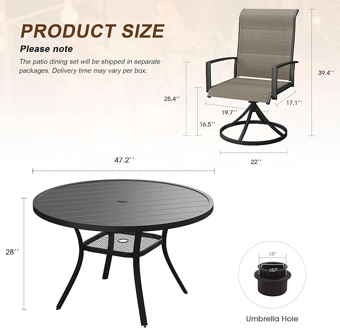 VICLLAX 7 Pieces Outdoor Dining Set, Patio Furniture Set Includes 47" Round Metal Table W/ 1.9" Umbrella Hole and 6 Padded Textilene Swivel Chairs for Porch, Lawn, Garden, Backyard