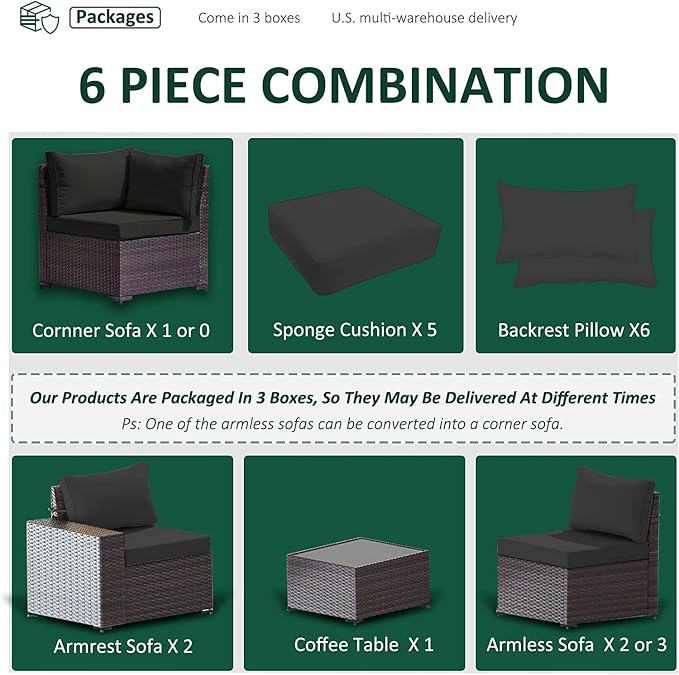 6 PCS Outdoor Patio Furniture Set,Outdoor Sectional Furniture All Weather PE Rattan Wicker Patio Conversation Set with Coffee Table and 5 Thickened Cushions,Black
