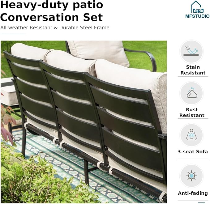 MFSTUDIO 5 Pieces Patio Conversation Sets,Outdoor Metal Furniture Sofas with 1 x 3-Seat Sofa, 2 x Rocking Chairs,2 x Ottoman,Wrought Iron Frame with Beige Cushion for Patio Courtyard Balcony