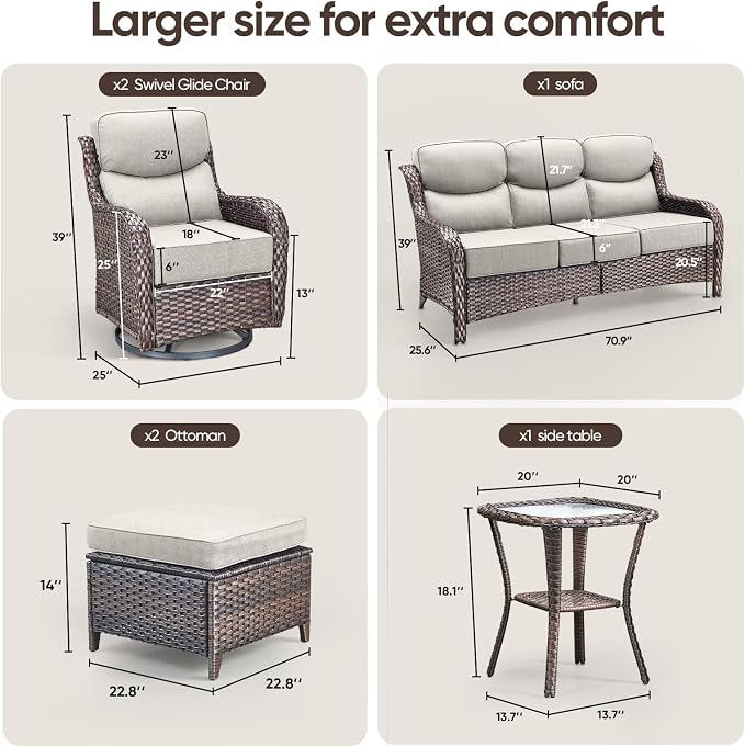 Swivel Patio Chairs Sofa Set of 6-6" Thick Cushion - Wicker Outdoor Swivel Rocker Patio Chair,Sofa/Side Table, High Back Comfortable Outdoor Glider Chairs - Brown Wicker | Beige Cushions