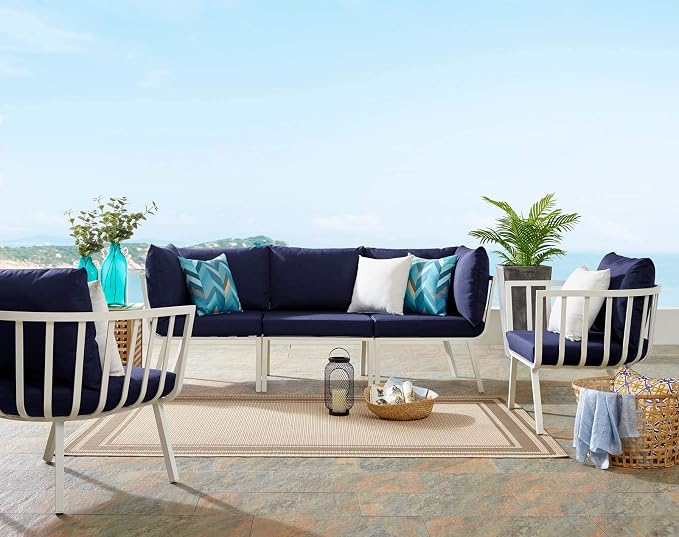 Modway Riverside 4 Piece Outdoor Patio Aluminum Set, 114 x 61.5 x 28, White Navy