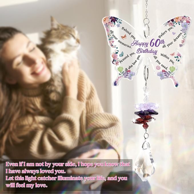 Funnli 60th Birthday Gifts for Women Suncatcher, 60th Birthday Decorations | 60 Year Old Bday Gift for Friends Sister Mom Grandma Window Hangings Home Decoration