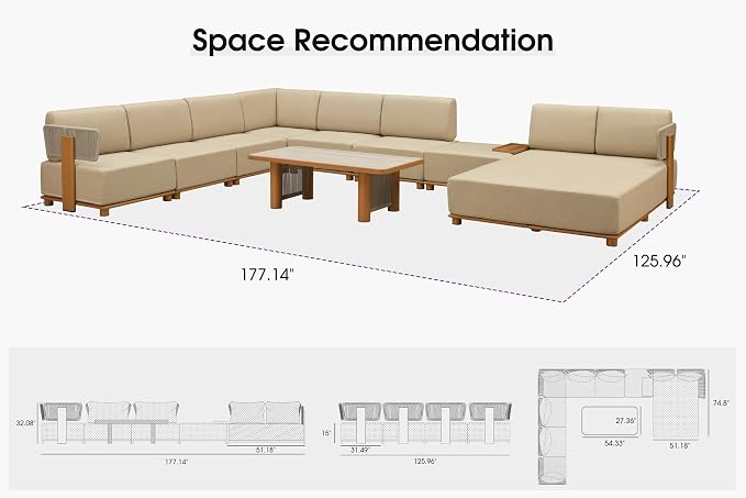 PURPLE LEAF Patio Furniture Set Modular U-Shaped Outdoor Sectional Sofa with 11" Thick Olefin Cushion 9-Piece Outdoor Conversation Set with Daybed & Coffee Lights for Backyard Garden Poolside, Beige