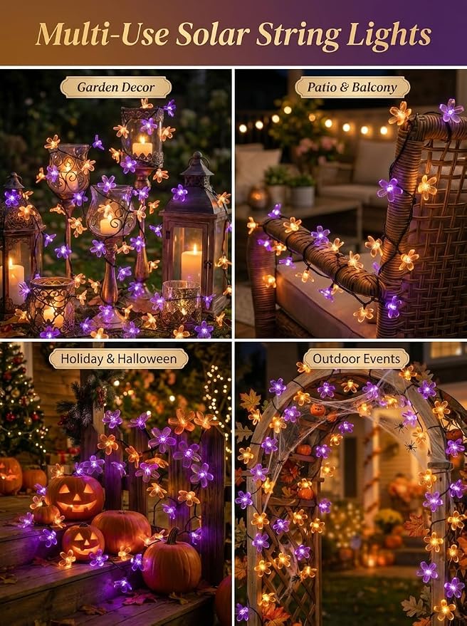 ITICdecor Solar Flower String Lights Outdoor Waterproof 50 LED Solar Powered Fairy Lights for Garden, Fence, Patio, Yard, Christmas Tree & Party Decor(Purple & Orange)