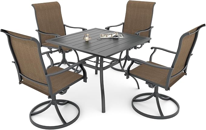 5 Piece Outdoor Dining Set, Patio 35" Square Table and Brown Swivel Chairs | High Back, Retro Armrest, Textilene Fabric, All Weather, Rocking, Swivel Chairs, 35'' Square Table, Metal Top and Frame