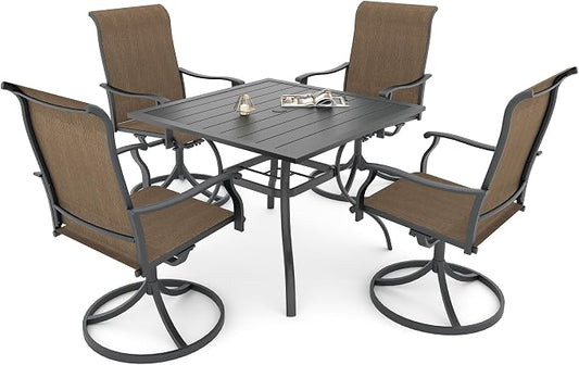 5 Piece Outdoor Dining Set, Patio 35" Square Table and Brown Swivel Chairs | High Back, Retro Armrest, Textilene Fabric, All Weather, Rocking, Swivel Chairs, 35'' Square Table, Metal Top and Frame