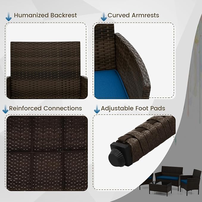 HAPPYGRILL 4 Pieces Outdoor Rattan Conversation Set, Patio Wicker Furniture Set with Loveseat Chairs & Tempered Glass Coffee Table, Outside Sectional Sofa Set for Backyard Garden Poolside, Blue