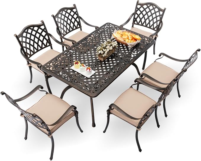 7-Pcs Cast Aluminum Patio Dining Set,59" Rectangular Table,Bronze | Outdoor Furniture Set Include Dining Table and 6 Stackable Chairs with Cushions & Umbrella Hole