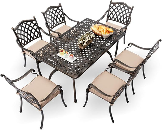 7-Pcs Cast Aluminum Patio Dining Set,59" Rectangular Table,Bronze | Outdoor Furniture Set Include Dining Table and 6 Stackable Chairs with Cushions & Umbrella Hole