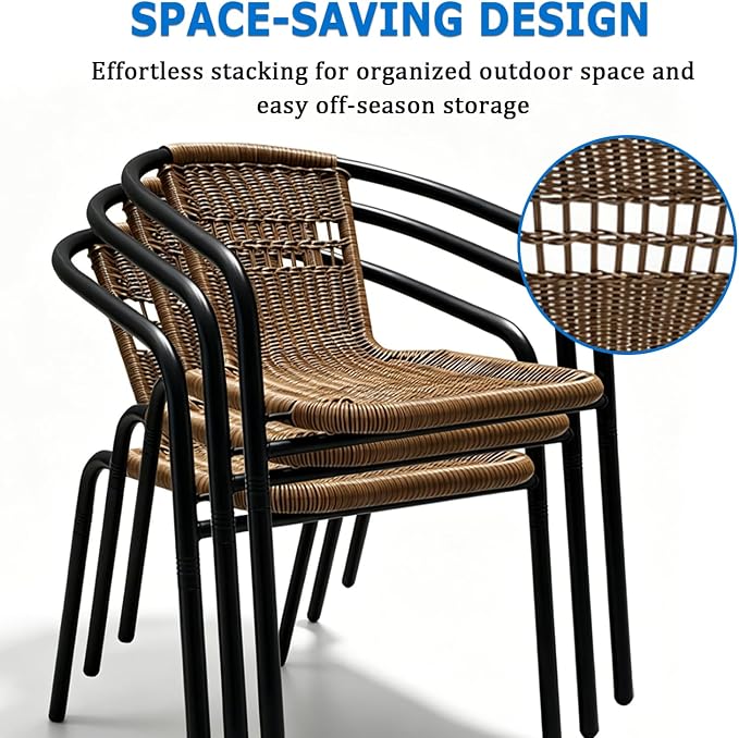 Outdoor Patio Furniture Set 5 Piece with 4 Brwon Stackable Rattan Chairs and Black Outdoor Metal Dining Table with Umbrella Hole