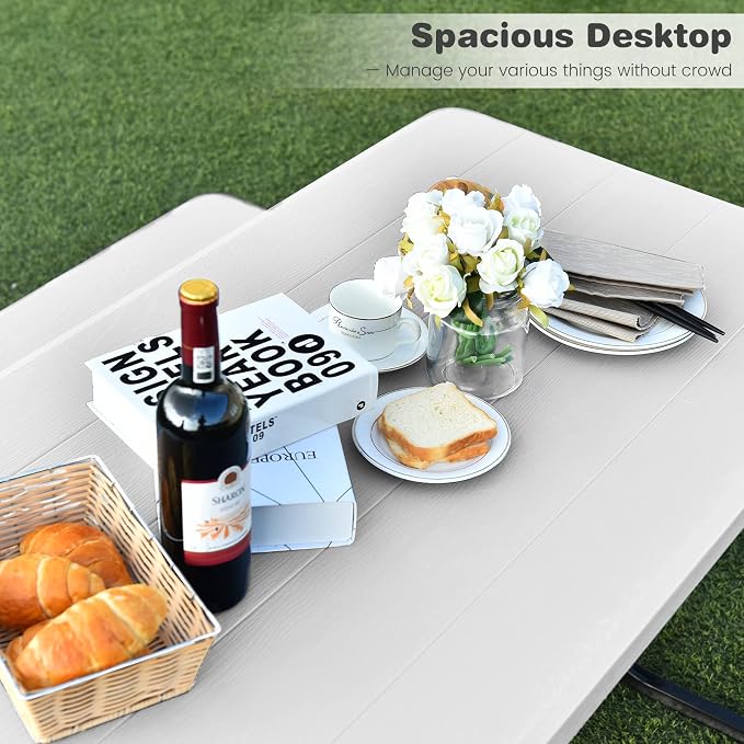 LDAILY Picnic Tables, Rectangular Picnic Table with Steel Frame, 2 Benches Set, HDPE Tabletop, Plastic Picnic Table for Outdoor, Camping, Patio, Lawn, Yard, Picnic Parties (White)