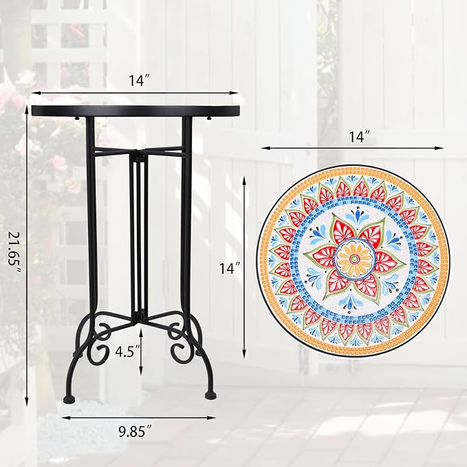 VCUTEKA Mosaic Outdoor Side Table, Round Rustproof Patio Tables with 14" Ceramic Tile Top, Indoor Porch Accent Table for Yard, Garden, Living Room, Bistro Balcony, Orange