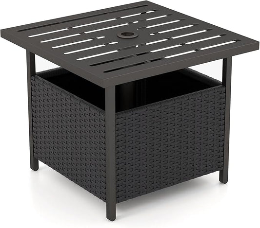 Tangkula Outdoor Table with Umbrella Hole, Rattan Umbrella Stand Table, Wicker Outside Side Table with Steel Metal Frame, Patio Bistro Table for Deck Garden Pool Yard, 22 x 22 x 18.5 Inch (Black)