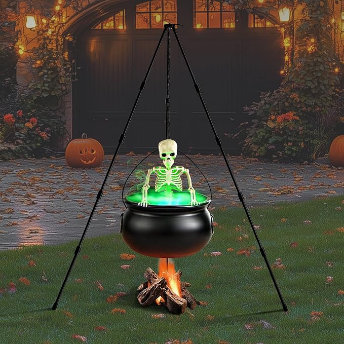 MEADIN Halloween Decorations Outdoor - Large Witches Cauldron on Tripod with Cauldron Diffuserr and Big Skeleton - Black Plastic Cauldron Halloween Decor for Outside Yard Lawn Home Porch Door