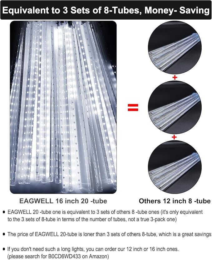 Christmas Rain Lights Outdoor 16 Inch 20 Tubes,Shine White | Waterproof Meteor Shower Falling Icicle String Lighting for Xmas Tree Yard House Decor Thanksgiving New Year Holiday Decor