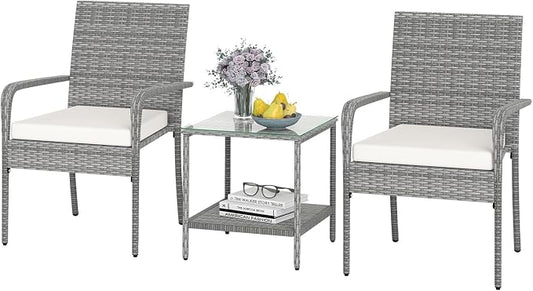 Tangkula 3 Pieces Patio Furniture Set, PE Rattan Outdoor Cushioned Conversation Chairs with 2-Tier Tempered Glass Tabletop Table, for Balcony, Garden and Poolside