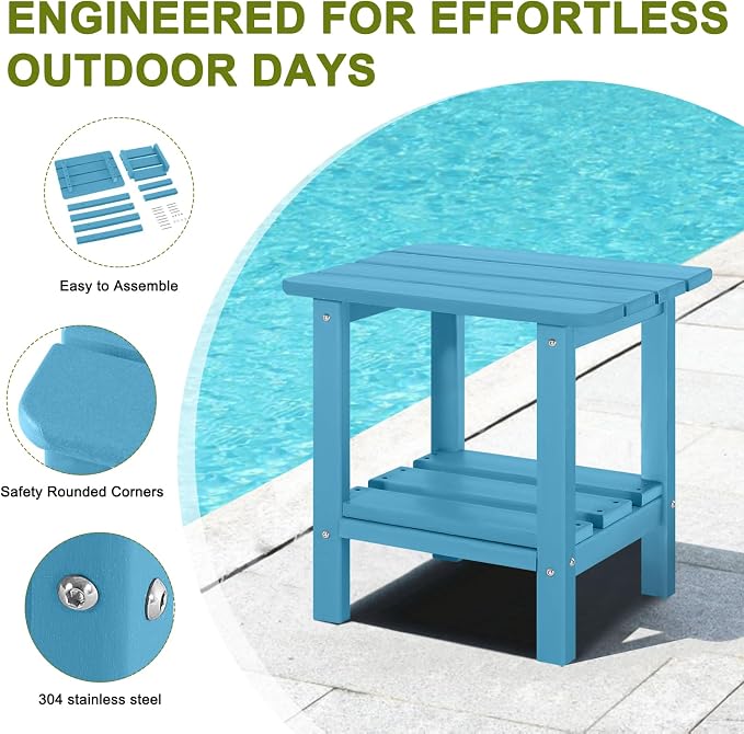 Adirondack Outdoor Side Table, 2-Tier Small Patio End Table, Weather Resistant HDPE Outdoor End Tables for Garden, Lawn, Pool, Beach, Porch, Deck, Backyard - Square, Turquoise