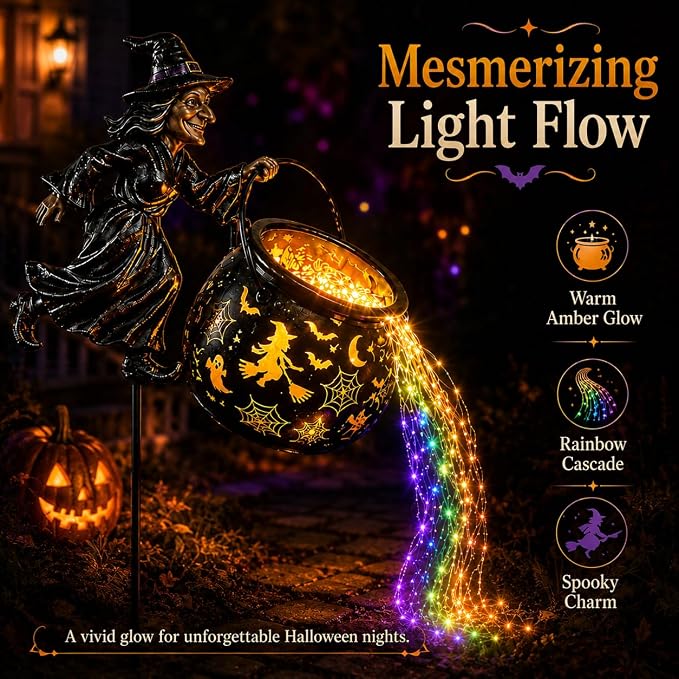 Halloween Witch Cauldron Garden Light,Colorful Flowing Waterfall LED Stake with Flying Witch Projector for Outdoor Yard Lawn Patio Pathway Decor
