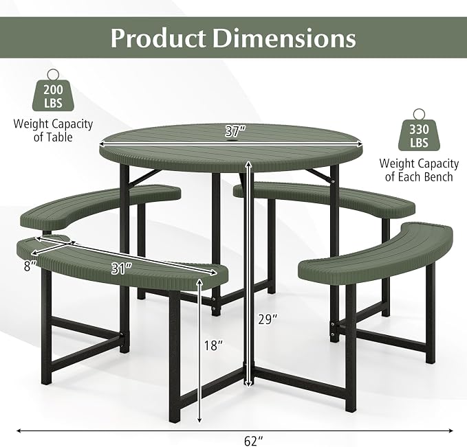 Byroce 6-8 Person Picnic Table for Outdoors, HDPE Picnic Table Set with 4 Benches, Umbrella Hole & Metal Frame, Heavy Duty Round Dining Table Chairs for BBQ Party in Patio, Yard & Poolside (Green)