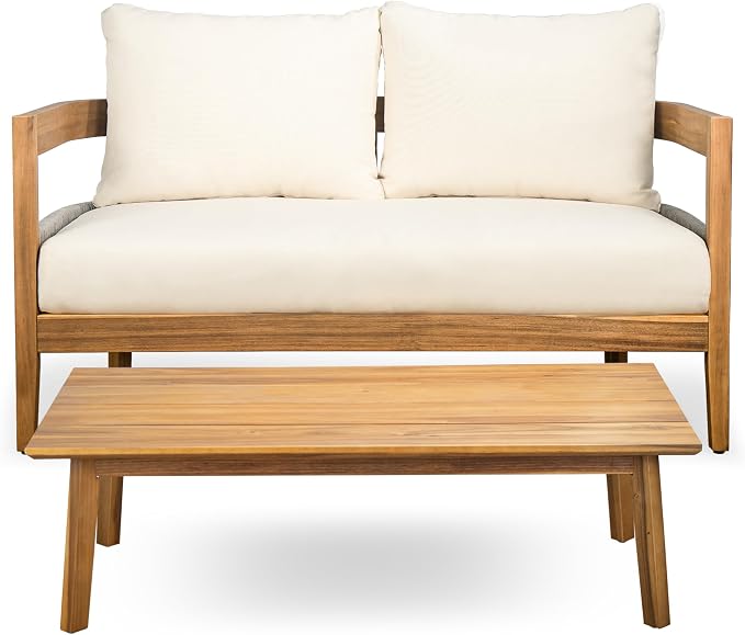 Merax 2 Piece Patio Outdoor Furniture Set, All-Weather Acacia Wood Curved Loveseat Sofa with Cushions,1 Coffee Table, Conversation Set for Backyard Deck Poolside, Teak+ Beige