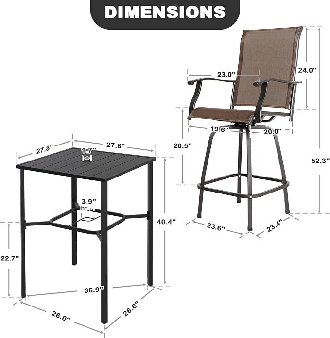 NUU GARDEN Outdoor Bar Set 3 Piece, Patio Square Tempered Glass Table with Textilene Swivel Bar Stools High Backrest, Outdoor Furniture for Garden Backyard, Brown Black