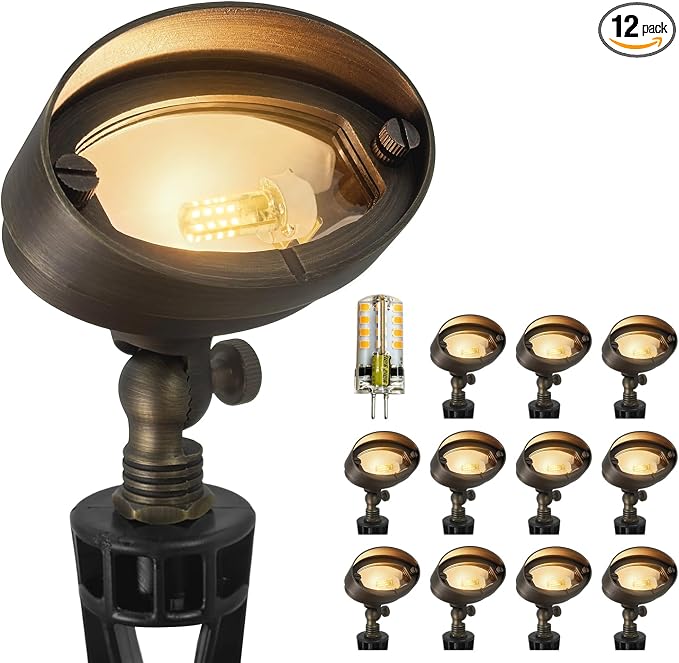 COLOER Die-cast Brass LED Landscape Flood Lights Outdoor 12-Pack with G4 Bulb, 3W 12-15 Volt Low Voltage Wall Wash Lighting, Outdoor Floodlight for Illuminating Signs, Walls and Plant Material(501B)