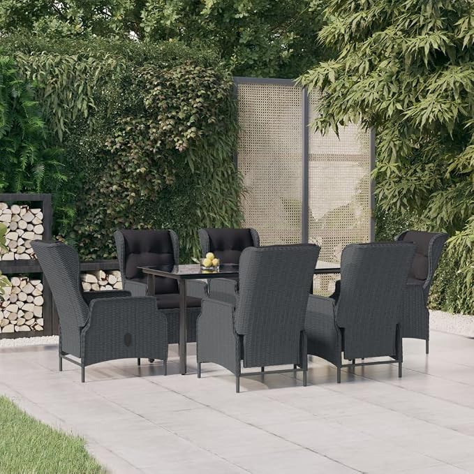 7 Piece Patio Dining Set with Dark Gray Poly Rattan, Tempered Glass Table and Adjustable Backrest Chairs for Outdoor Garden