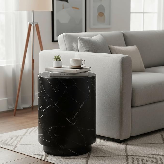 LeisureMod 14” Wide Round Side Table in Fiberstone with Travertine/Painted Finish Tapered Base Indoor and Outdoor Use for Modern Home, Living Room, Patio, Backyard Ramble Collection (Black Marble)