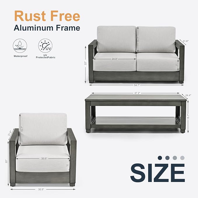 HAPPATIO Oversized Aluminum Patio Furniture Set, Outdoor Conversation Set 4 Pieces with Loveseat and Coffee Table, Extra Large Seat with Thicken Cushion for Backyard Poolside, Grey