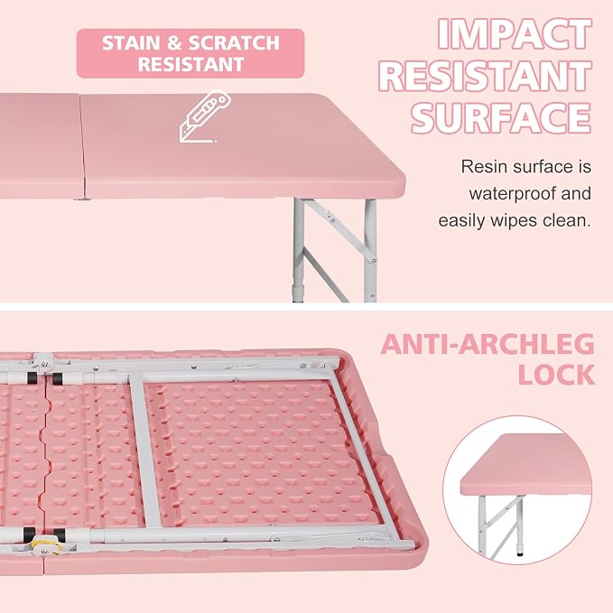 Portable 4Ft Folding Table, Heavy Duty Plastic Fold-in-Half Utility Foldable Table Small, Adjustable Height Plastic Folding Table with Carrying Handle for Camping & Party Indoor/Outdoor (Pink)