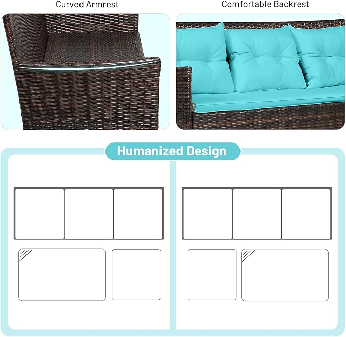 RELAX4LIFE 3 Pieces Patio Furniture Sectional Set, Rattan Wicker Conversation Set W/5 Cozy Seat & Back Cushions, Tempered Glass Coffee Table for Poolside, Backyard Outdoor Furniture (Turquoise)