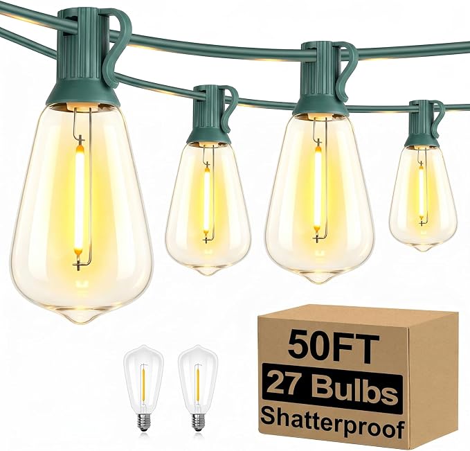 Brightever 50FT Outdoor String Lights Waterproof, 2700K Bright LED Patio Lights with 27 ST38 Shatterproof Vintage Bulbs, Retro Edison String Lights for Outside, Garden, Christmas Decor, Green Wire