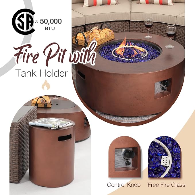 SUNSITT 12 Piece Patio Furniture Set with Fire Pit Outdoor Round Sectional Sofa with 36" Bronze Propane Fire Table & Tank Holder, Brown Rattan