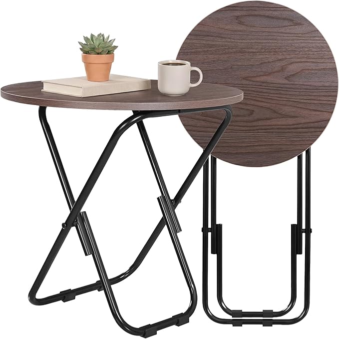 VECELO 17.7" Small Folding Table, Round Patio Outdoor Side Snack Table, Waterproof Wood End Table with Anti-Rust Metal Legs for Living Room Bedroom Garden Yard Balcony Porch