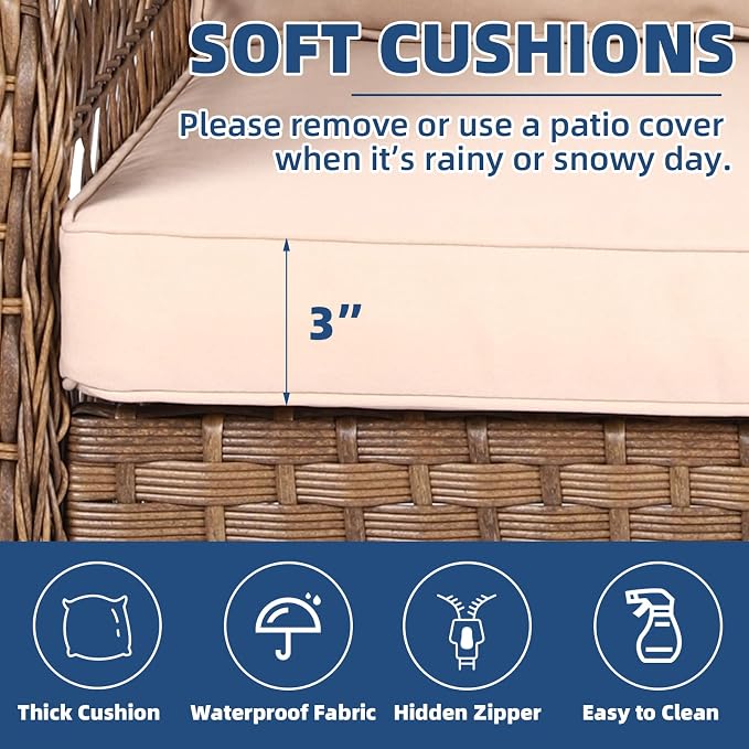 2 Piece Outdoor Wicker Gliding Loveseat Set, Patio Conversation Furniture Sets with 2-Seater Glider Rocking Bench, Glass-Top Coffee Table and Cushions for Porch Garden Poolside