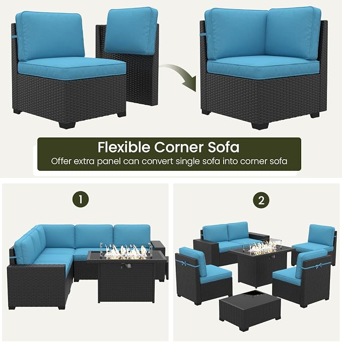 LayinSun 13 Pieces Outdoor Patio Furniture Set with 44" Fire Pit Table Rattan Sectional Sofa Conversation Sets