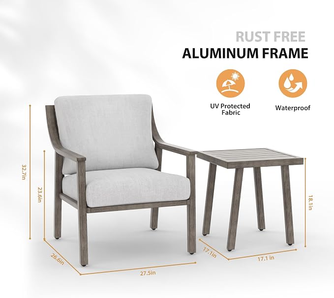 3-Piece Patio Conversation Set Aluminum for Outdoor Porch, Deck,(Grey) | All-Weather Aluminum Outdoor Conversation Set 1 Side Table and 2 Cushioned Armchairs rustproof