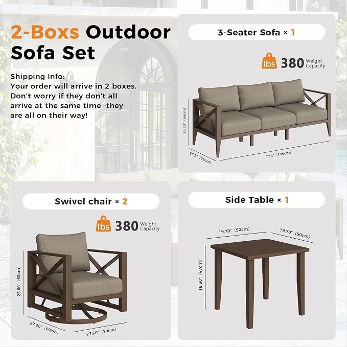Aluminum Outdoor Patio Furniture Set with Swivel Chairs, 6-Piece Outdoor Sectional with 5.2" Thick Cushions, Patio Conversation Sets for Backyard,(Brown,5 Seats)