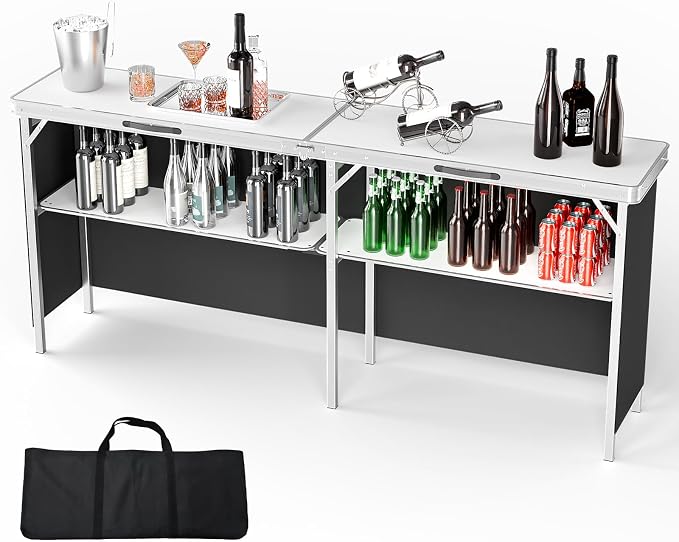 VINGLI 43" Portable Bar Table, 3-Tier Shelves, Carry Bag，Mobile Bar Table for Events, Party, Camping, Picnic, Tradeshow, Outdoor & Indoor with Black Skirt(2, 43") (2) (White, 78")