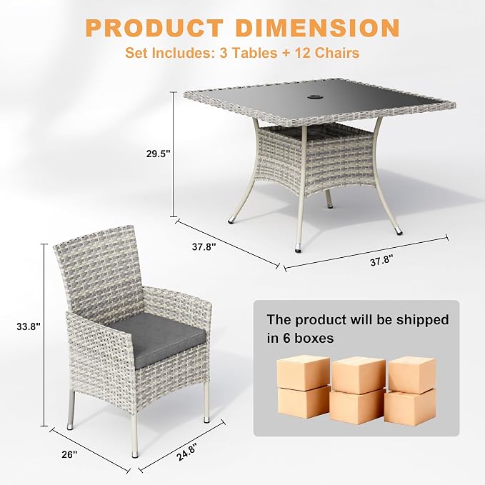 15-Piece Patio Dining Set, Patio Furniture Set with Square Tempered Glass Table & 12 Wicker Chairs, Expandable Design for Larger Groups, Outdoor Furniture for Backyard, Deck, Garden, Grey