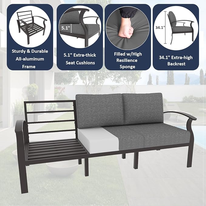 ALAULM Aluminum Patio Furniture Set with Coffee Table Rectangular, 5-seat Outdoor Sectional Furniture w/2 Swivel Chairs, Patio Conversation Set for Porch, Backyard, Poolside-Grey